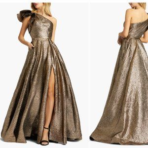 MAC DUGGAL 67297 ONE SHOULDER METALLIC ANTIQUE BRONZE BALL-GOWN sz 10